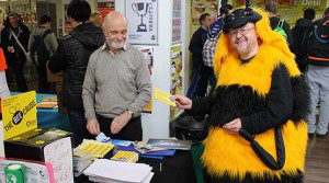 Mr Ronald Lee, from Friends of Earth, dressed as a bee in the Students' Union of the University of Worcester
