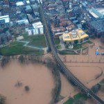 Aerial view of Worcester's City Centre under water - Worcester Floods 2014