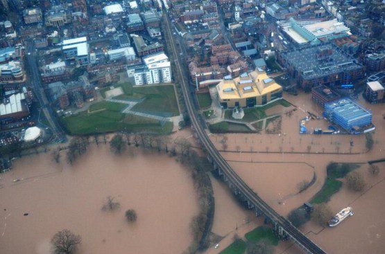 Aerial view of Worcester's City Centre under water - Worcester Floods 2014