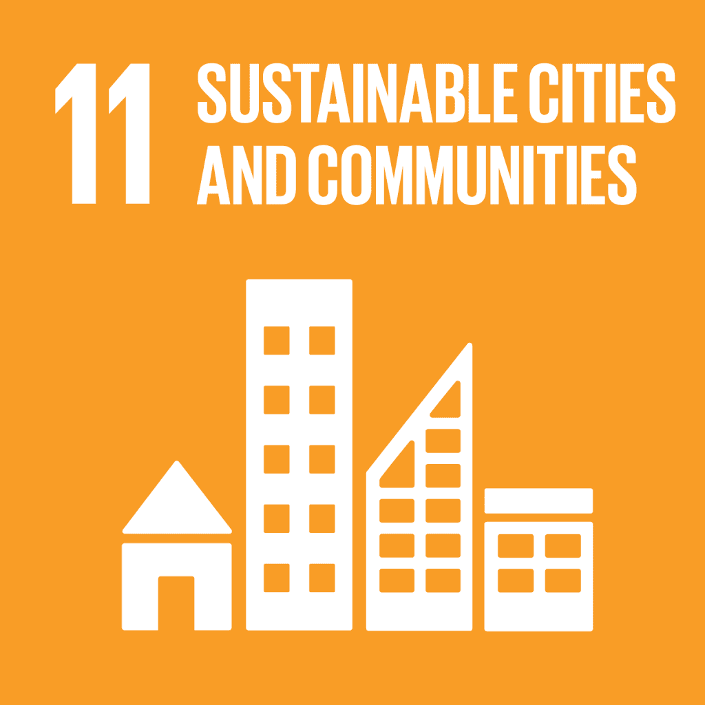 Yellow box with white text reading: 11 sustainable cities and communities