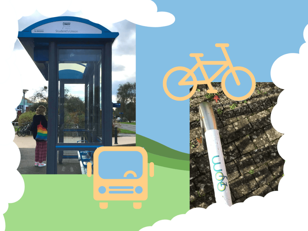 An image showing a collection of images of University-sponsored alternatives to travel travel. On the left is a picture of the bus stop outside the student union. On the right is a picture of the 'Woo Bike Share scheme' logo