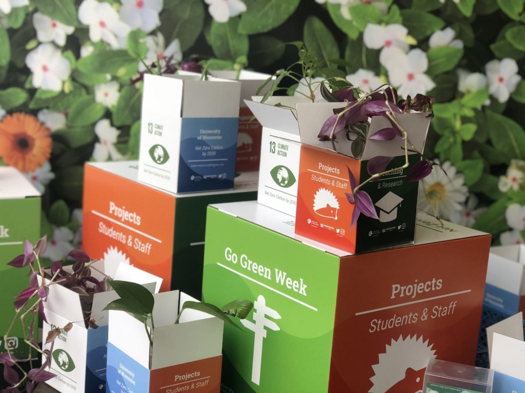 Stack of colourful Go Green Week boxes in front of greenery