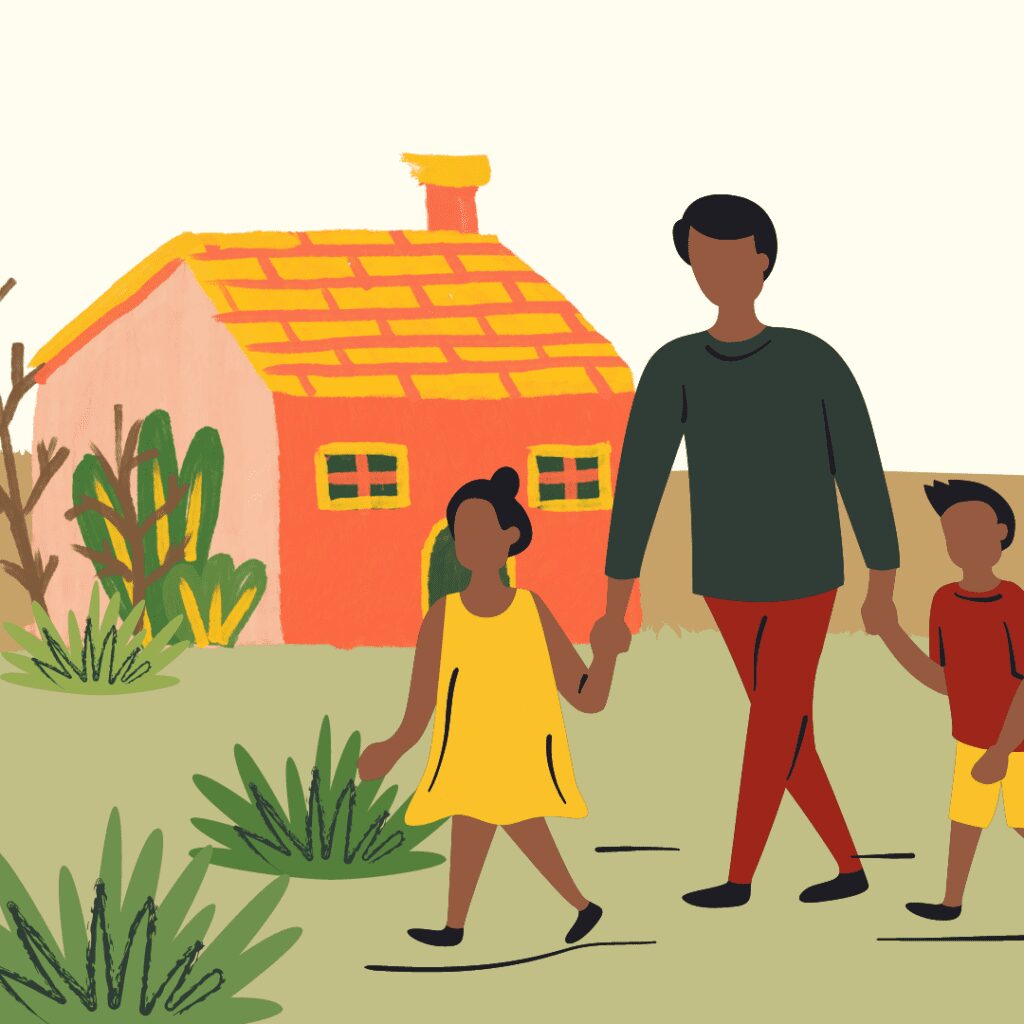 Illustration of three people walking through grass in front of a house for youth geography